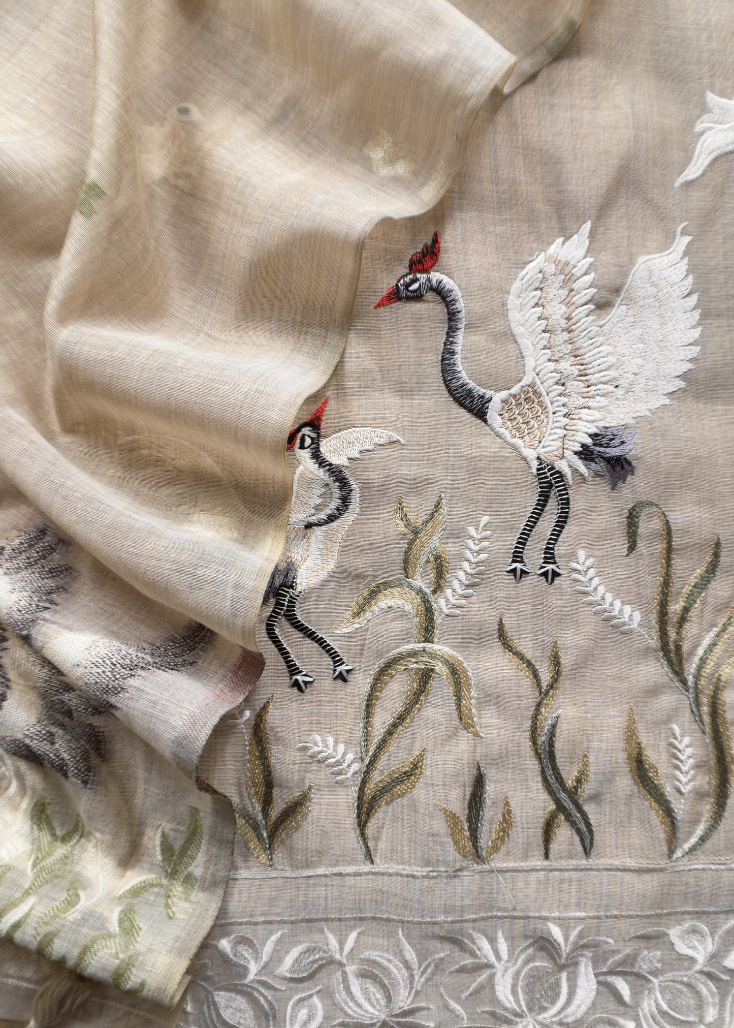 Fawn Flamingos Linen Chanderi Suit With Jamdani Weaving And Embroidery