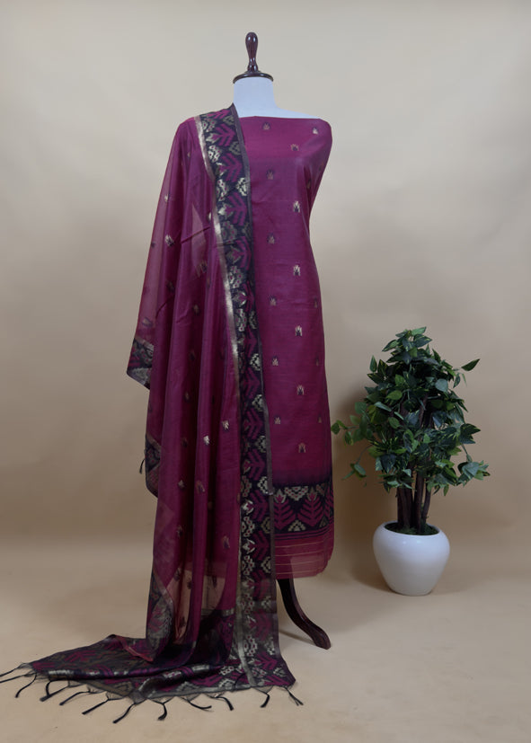 Saanjh Wine Chanderi Silk Suit Fabric With Jamdani Weaving