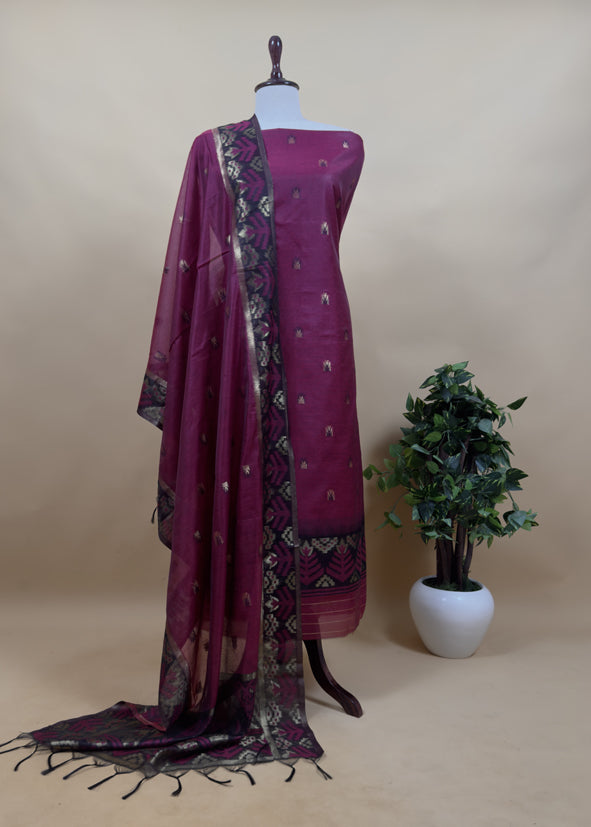 Saanjh Emerald Green Chanderi Silk Suit Fabric With Jamdani Weaving
