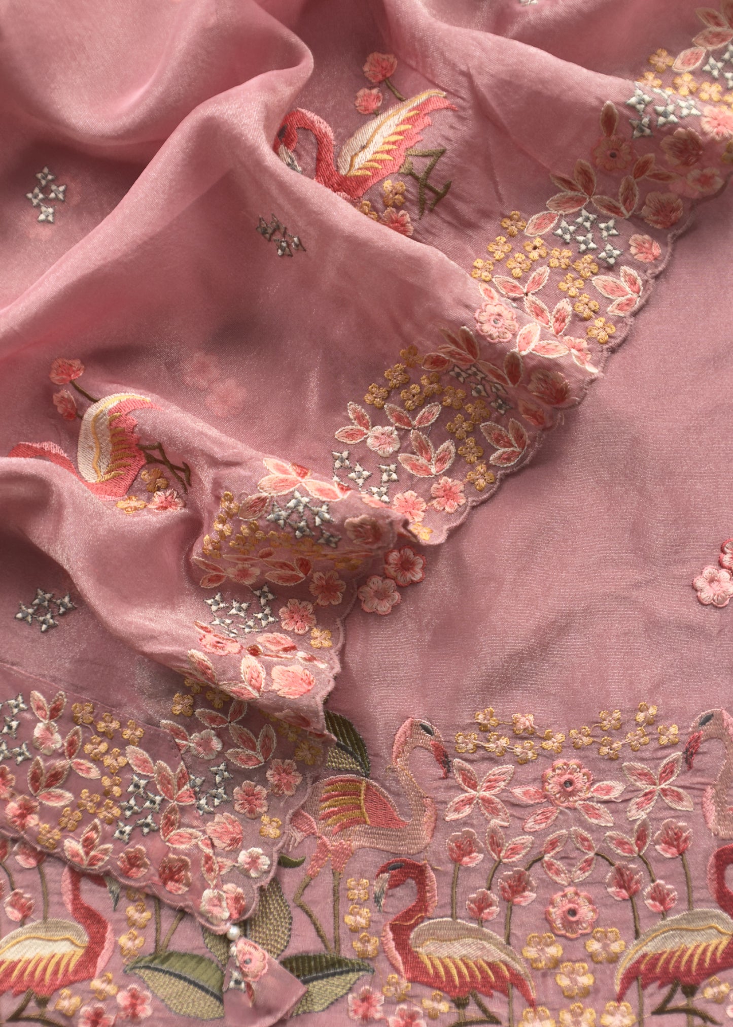 Pastel Pink Flamingo Embroidered Unstitched Suit In Tissue Silk