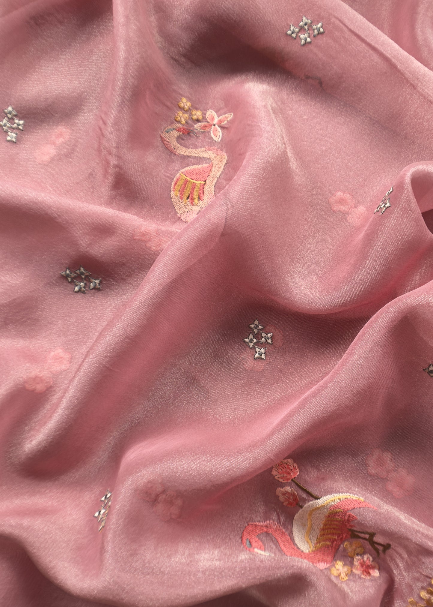 Pastel Pink Flamingo Embroidered Unstitched Suit In Tissue Silk