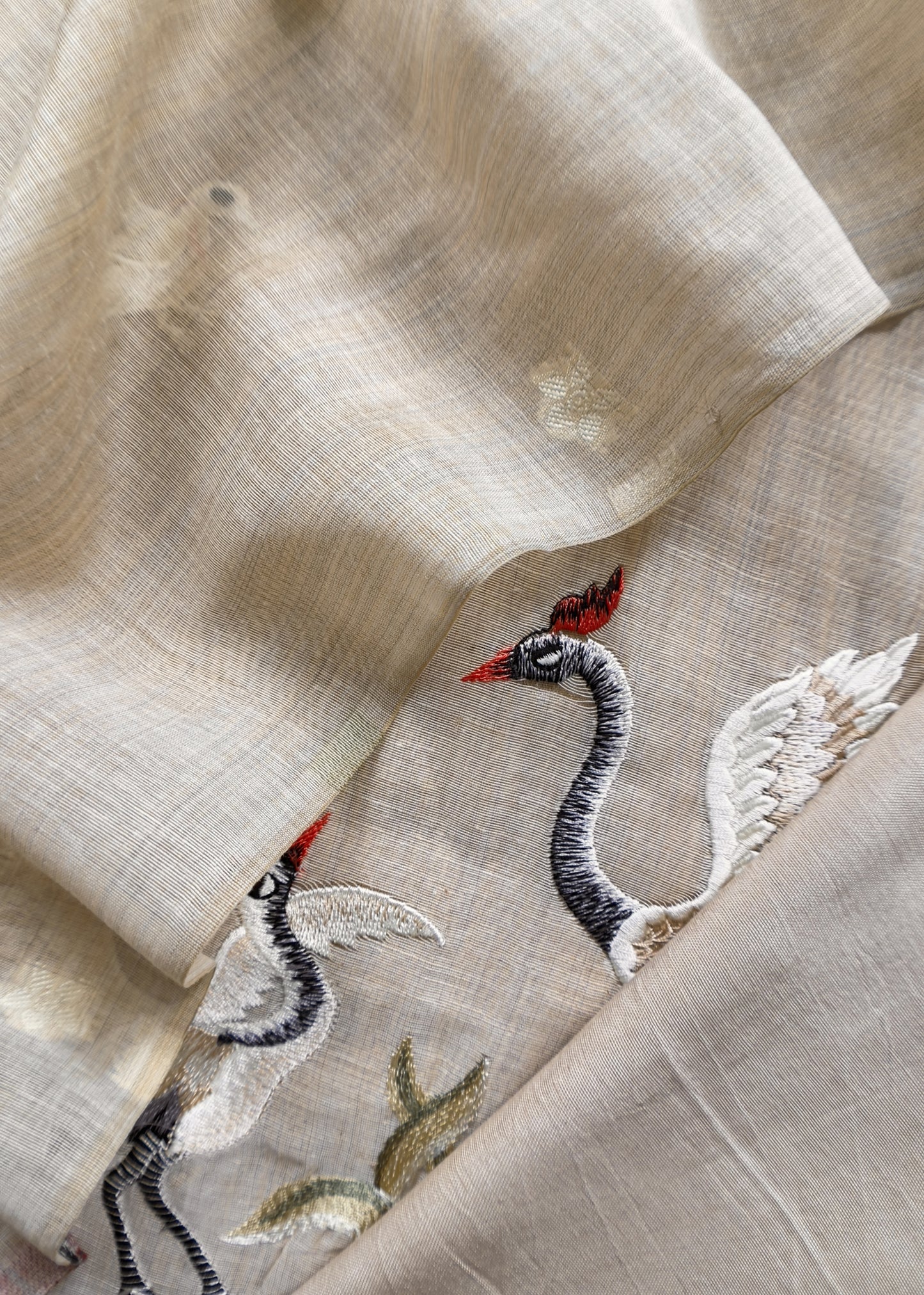 Fawn Flamingos Linen Chanderi Suit With Jamdani Weaving And Embroidery