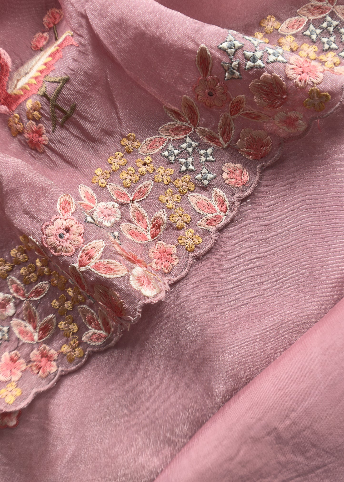 Pastel Pink Flamingo Embroidered Unstitched Suit In Tissue Silk