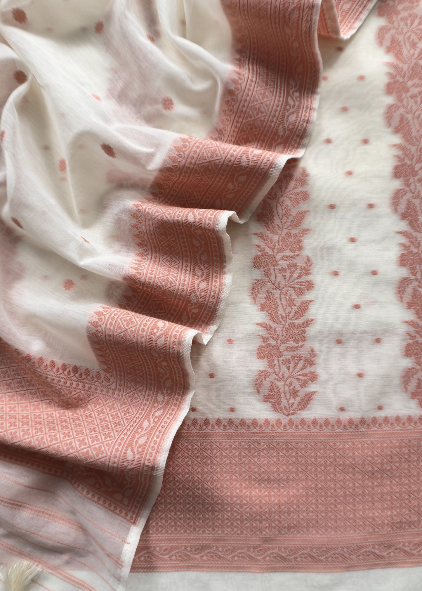 Pearl White And Dark Peach Summers Banarasi Cotton Suit Set With Weaving