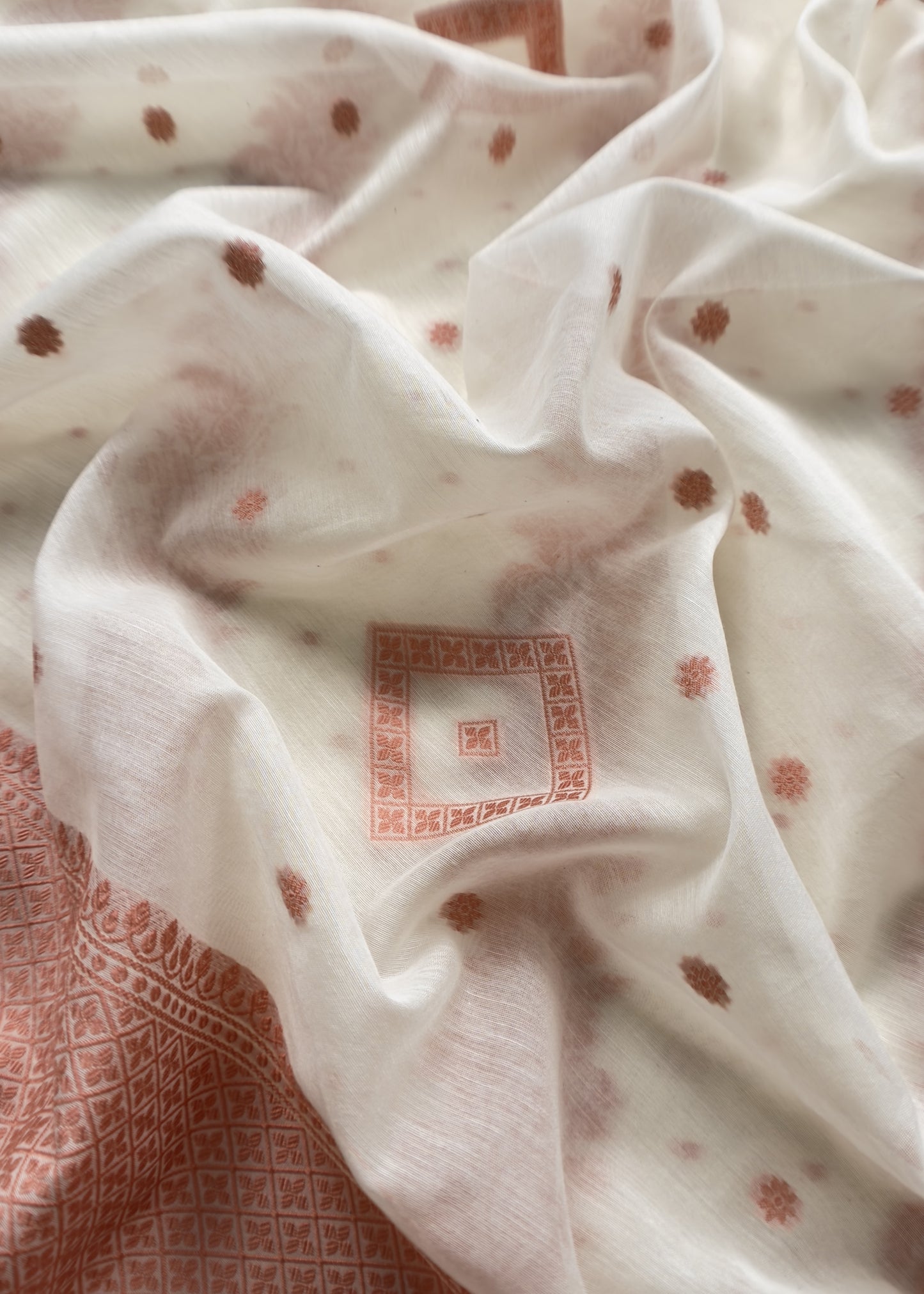 Pearl White And Dark Peach Summers Banarasi Cotton Suit Set With Weaving