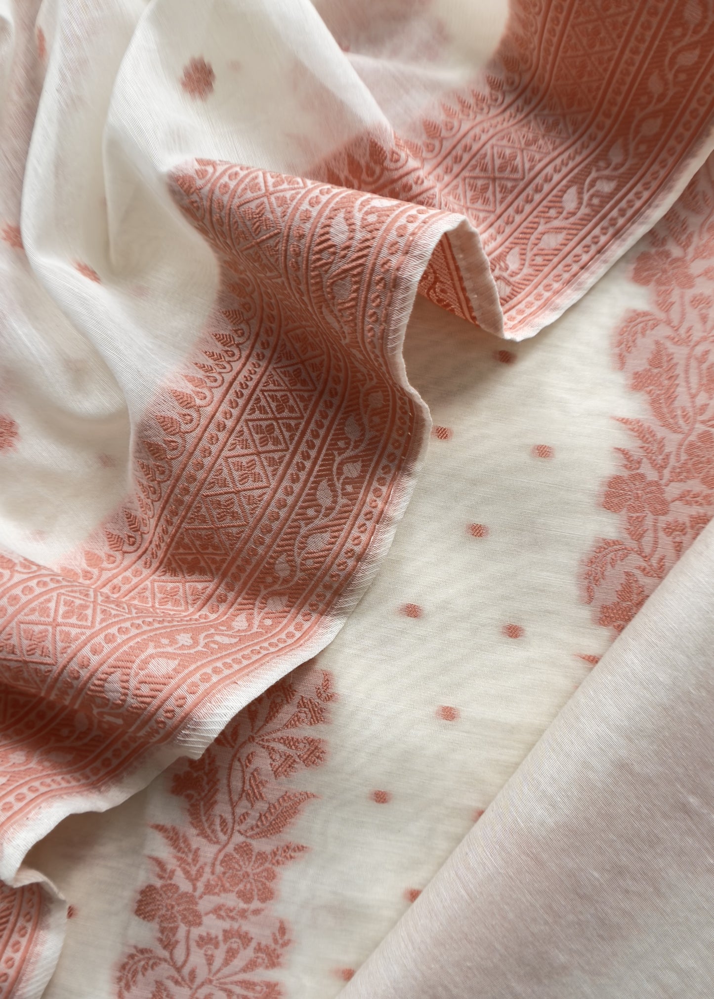 Pearl White And Dark Peach Summers Banarasi Cotton Suit Set With Weaving