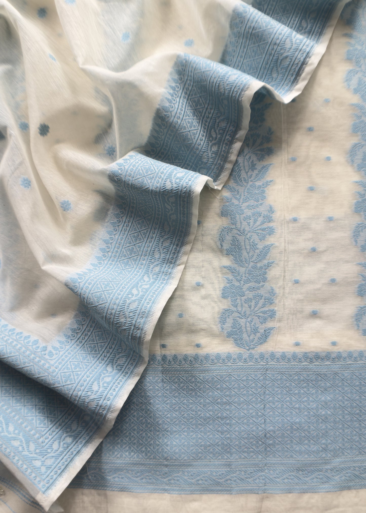 Pearl White And Pastel Blue Summers Banarasi Cotton Suit Set With Weaving