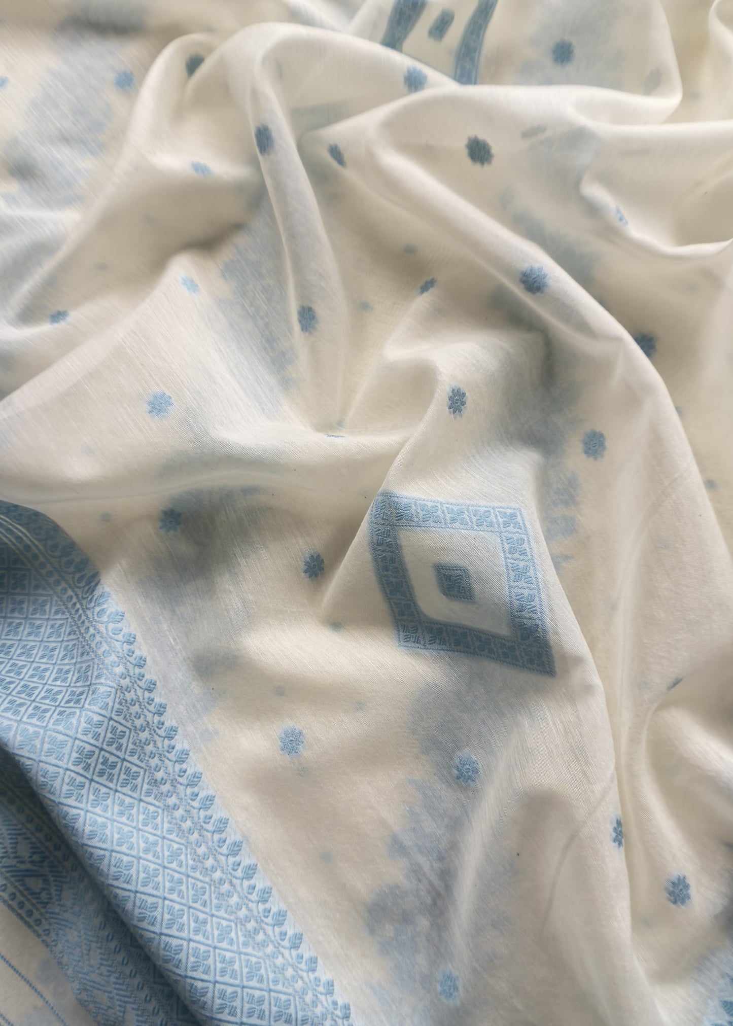 Pearl White And Pastel Blue Summers Banarasi Cotton Suit Set With Weaving