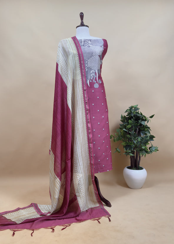 English Green Modern Finelines Digital Print Handloom Soft Chanderi Silk Suit Fabric