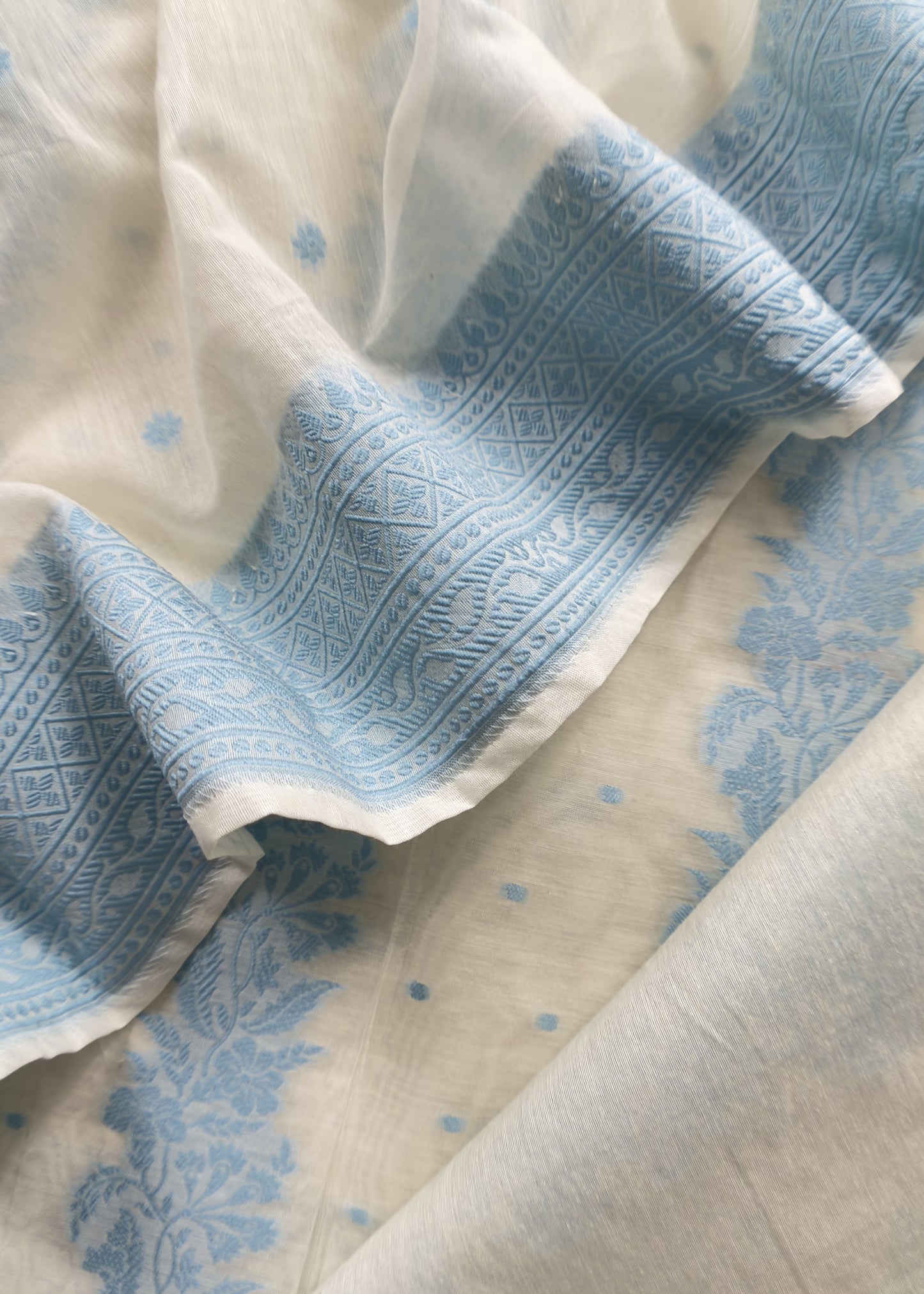 Pearl White And Pastel Blue Summers Banarasi Cotton Suit Set With Weaving