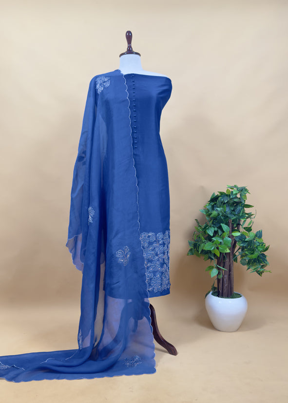 Royal Blue Handwoven Silk kurta And Kora Silk Dupatta With Pitta And Appliqué Work