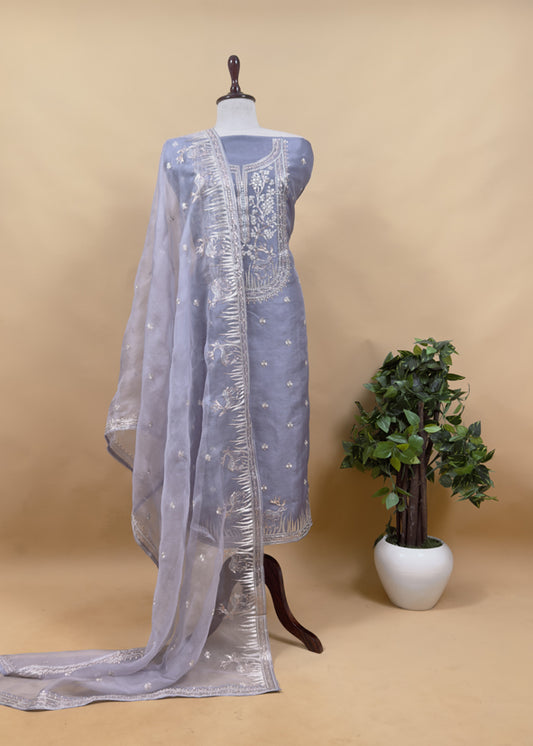 Luxe The Voilet Affair Pure Kora Silk Suit With Gold And Silver Pitta Handwork