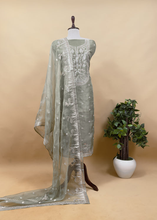 Luxe The Green Pure Kora Silk Suit With Gold And Silver Pitta Handwork