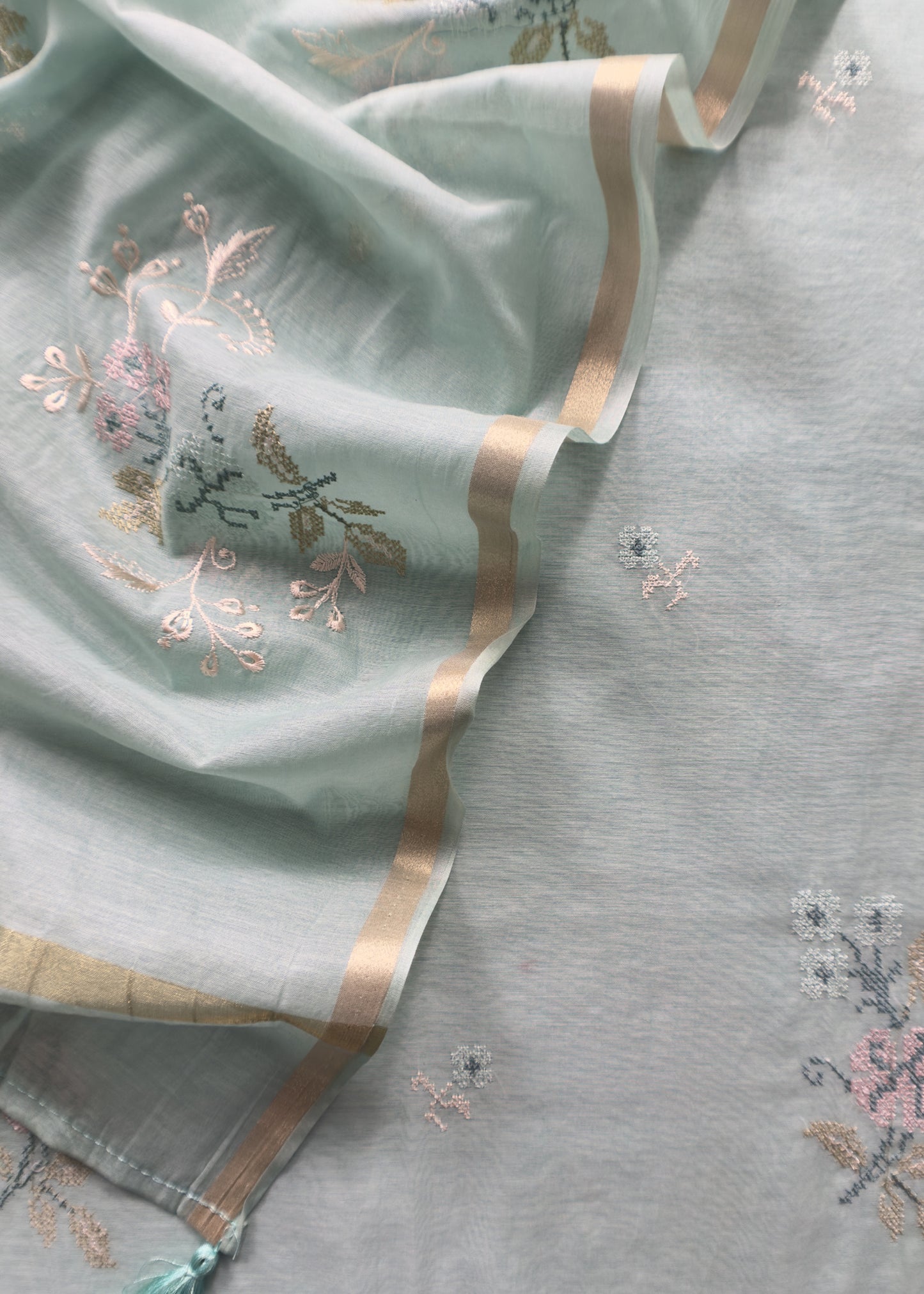 Light Cyan Pure Mul Cotton Suit with Cross Stitch Embroidery