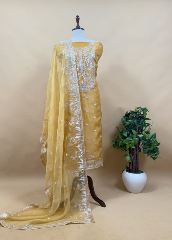 Luxe The Green Pure Kora Silk Suit With Gold And Silver Pitta Handwork