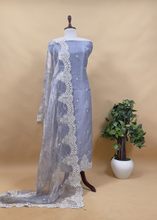 Luxe English Grey Blue Pure Kora Silk Suit With Brushprint And French Thread Embroidery