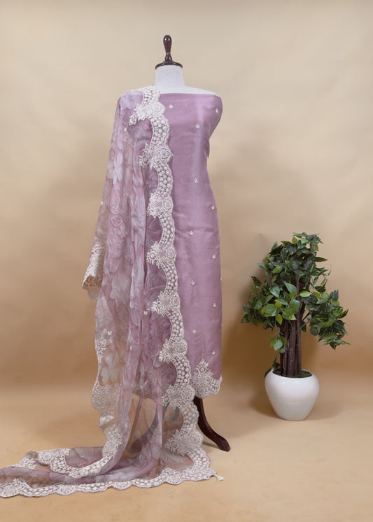 Luxe Dusky Blush Pink Pure Kora Silk Suit With Brushprint And French Thread Embroidery