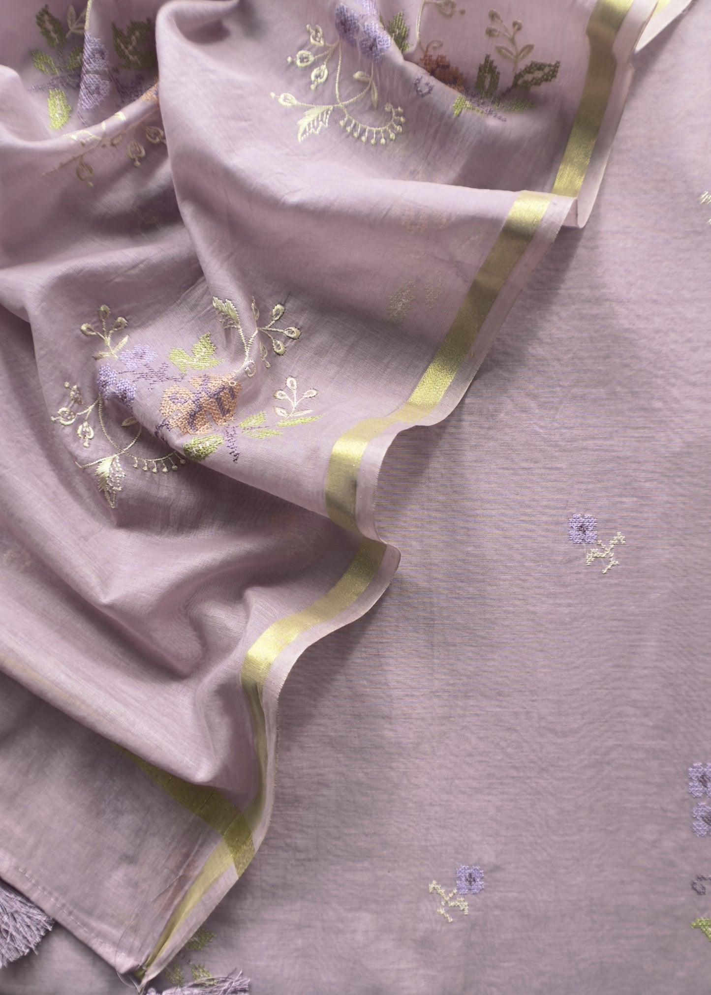 Lilac Pure Mul Cotton Suit with Cross Stitch Embroidery