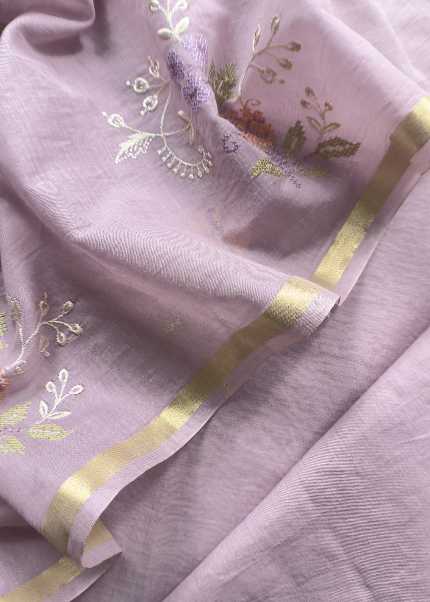 Lilac Pure Mul Cotton Suit with Cross Stitch Embroidery