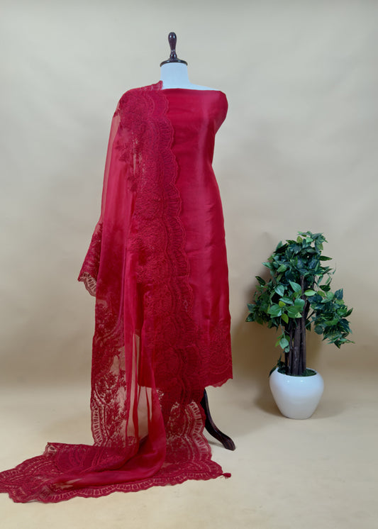 Luxe Red Pure Kora Silk Suit With French Thread Embroidery