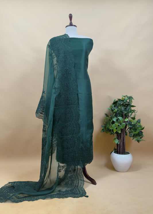 Luxe Green Pure Kora Silk Suit With French Thread Embroidery