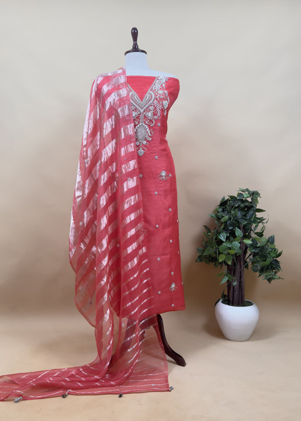 Luxe Yellow Silk Suit Fabric And Organza Panel Dupatta With Dabka, Dori And Zardosi Handwork