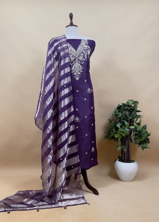 Luxe Violet Silk Suit Fabric And Organza Panel Dupatta With Dabka, Dori And Zardosi Handwork