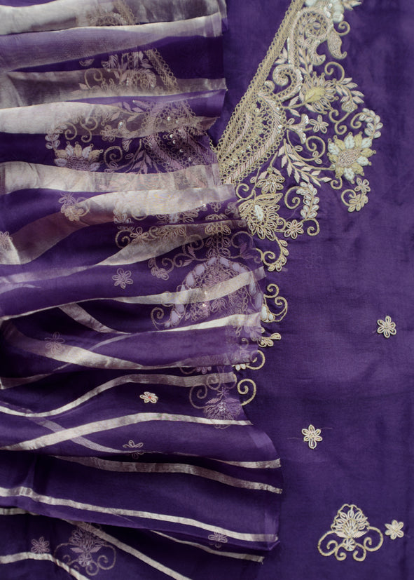 Luxe Violet Silk Suit Fabric And Organza Panel Dupatta With Dabka, Dori And Zardosi Handwork