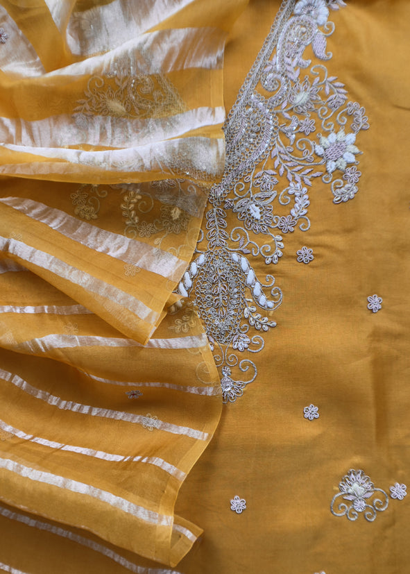 Luxe Yellow Silk Suit Fabric And Organza Panel Dupatta With Dabka, Dori And Zardosi Handwork