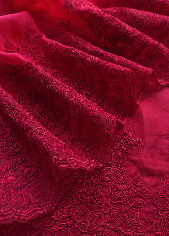 Luxe Red Pure Kora Silk Suit With French Thread Embroidery