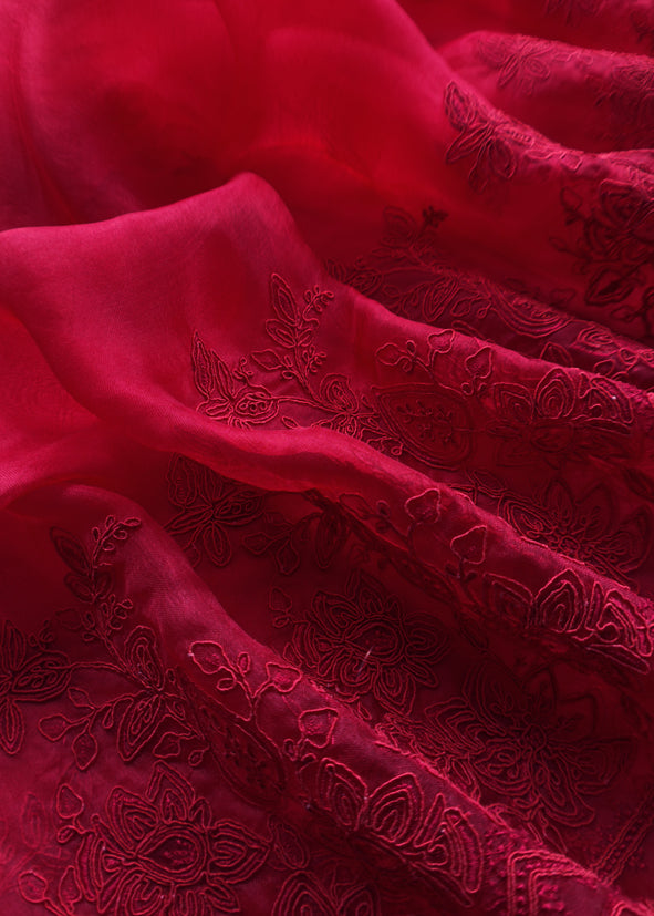 Luxe Red Pure Kora Silk Suit With French Thread Embroidery