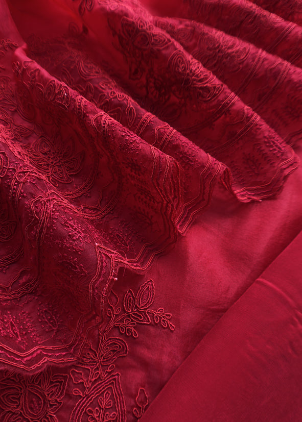Luxe Red Pure Kora Silk Suit With French Thread Embroidery