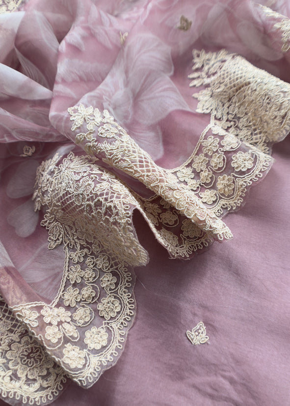 Luxe Dusky Blush Pink Pure Kora Silk Suit With Brushprint And French Thread Embroidery