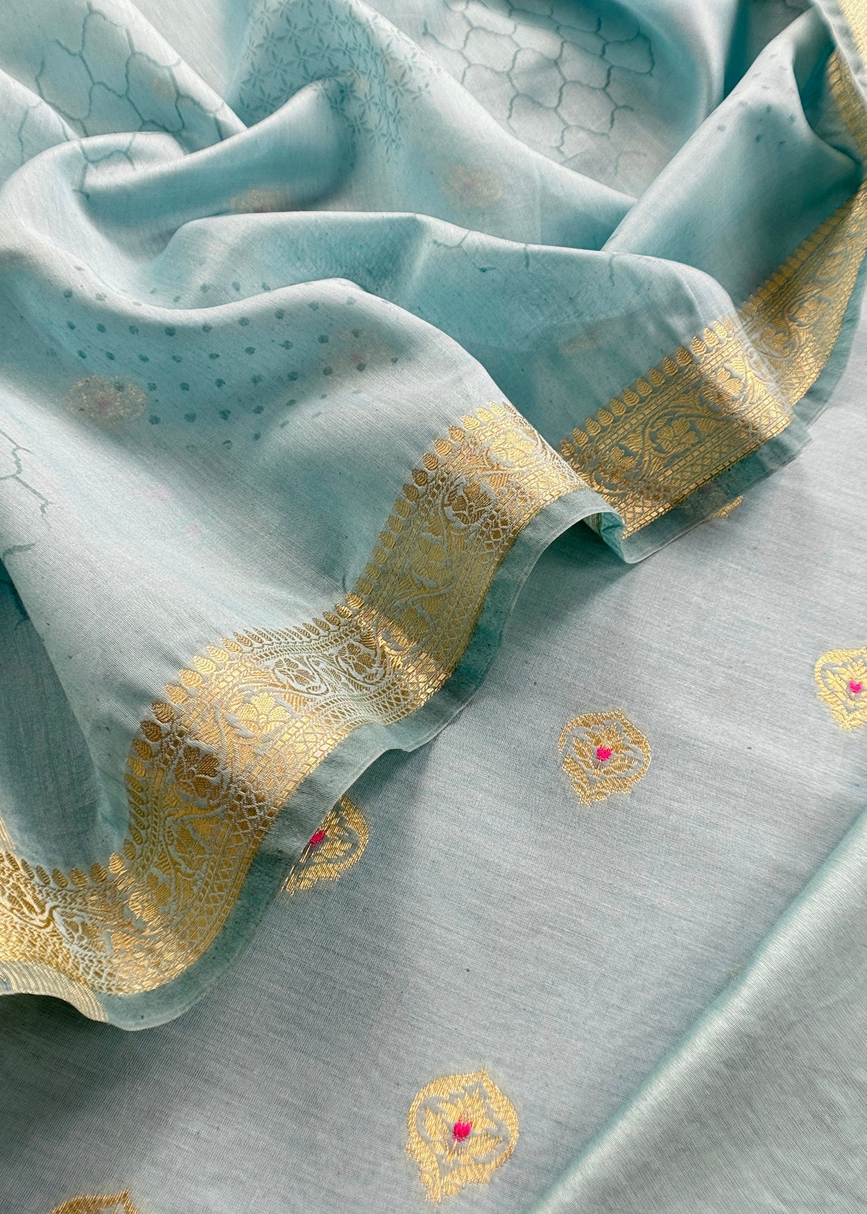 Powder Blue Handloom Banarasi Chanderi Silk Suit With Zari Weavnig