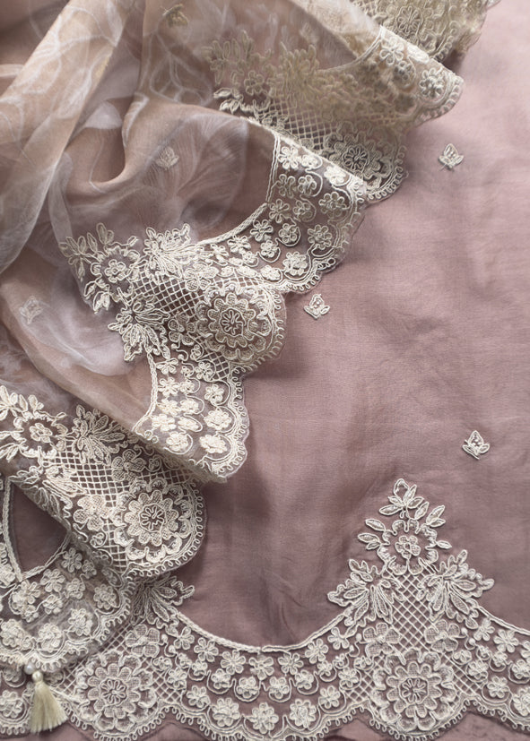 Luxe Cheeku Pure Kora Silk Suit With Brushprint And French Thread Embroidery