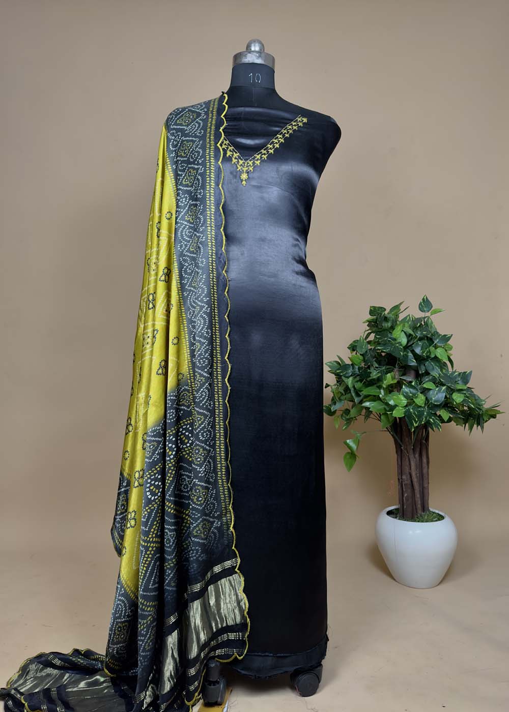 Wine Gajji Silk Suit With Contrast Bandhani Dupatta