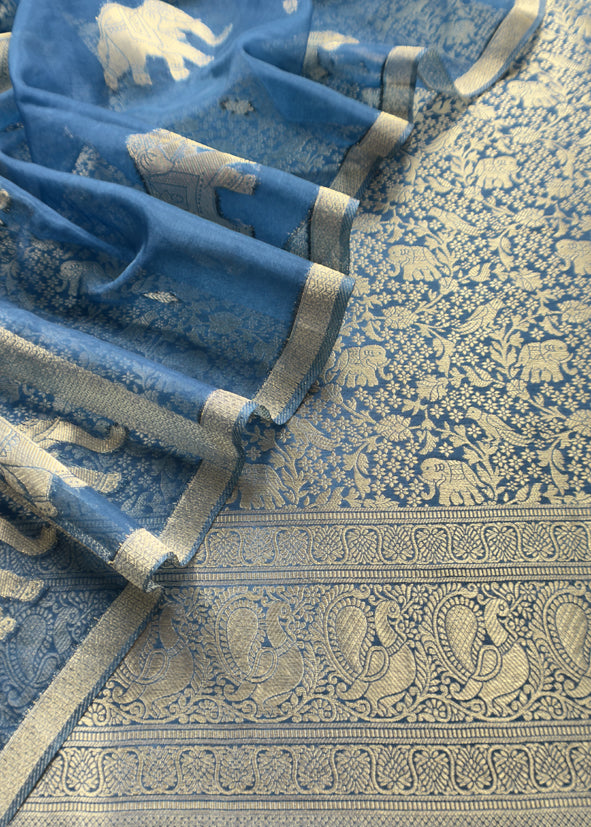 Royal Blue Brocade Kurta With Organza Dupatta