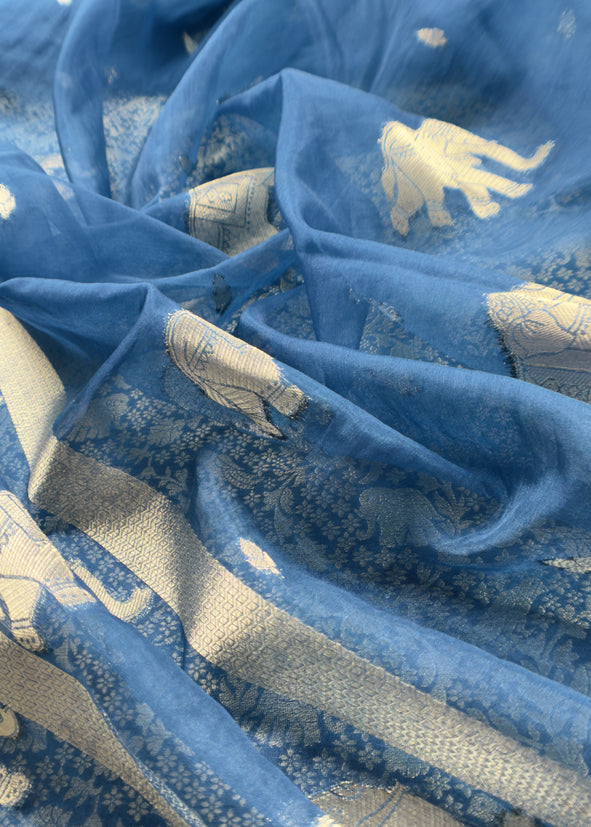 Royal Blue Brocade Kurta With Organza Dupatta