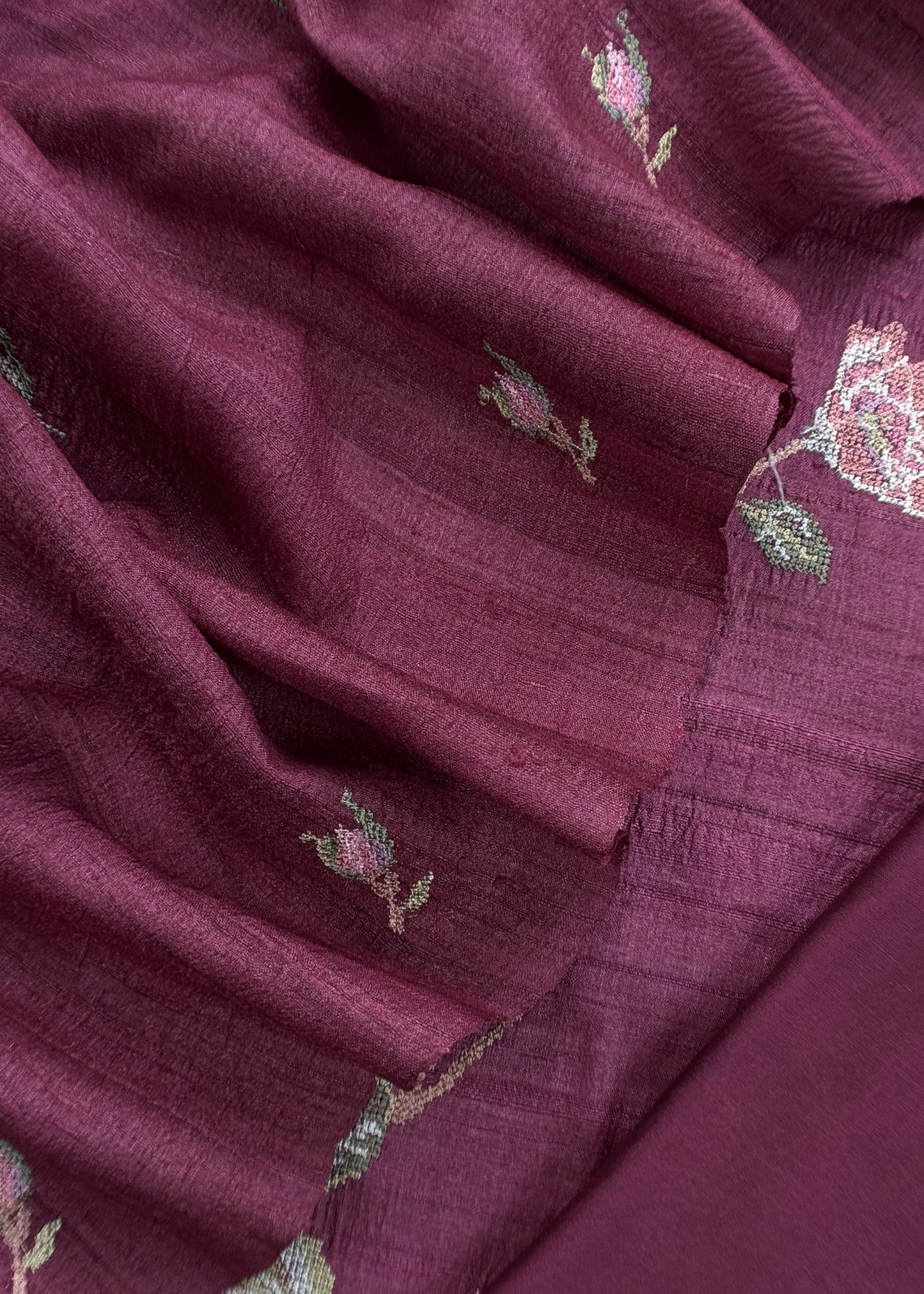 Wine Handloom Tussar Suit Fabric With Cross-Stitch Embroidery