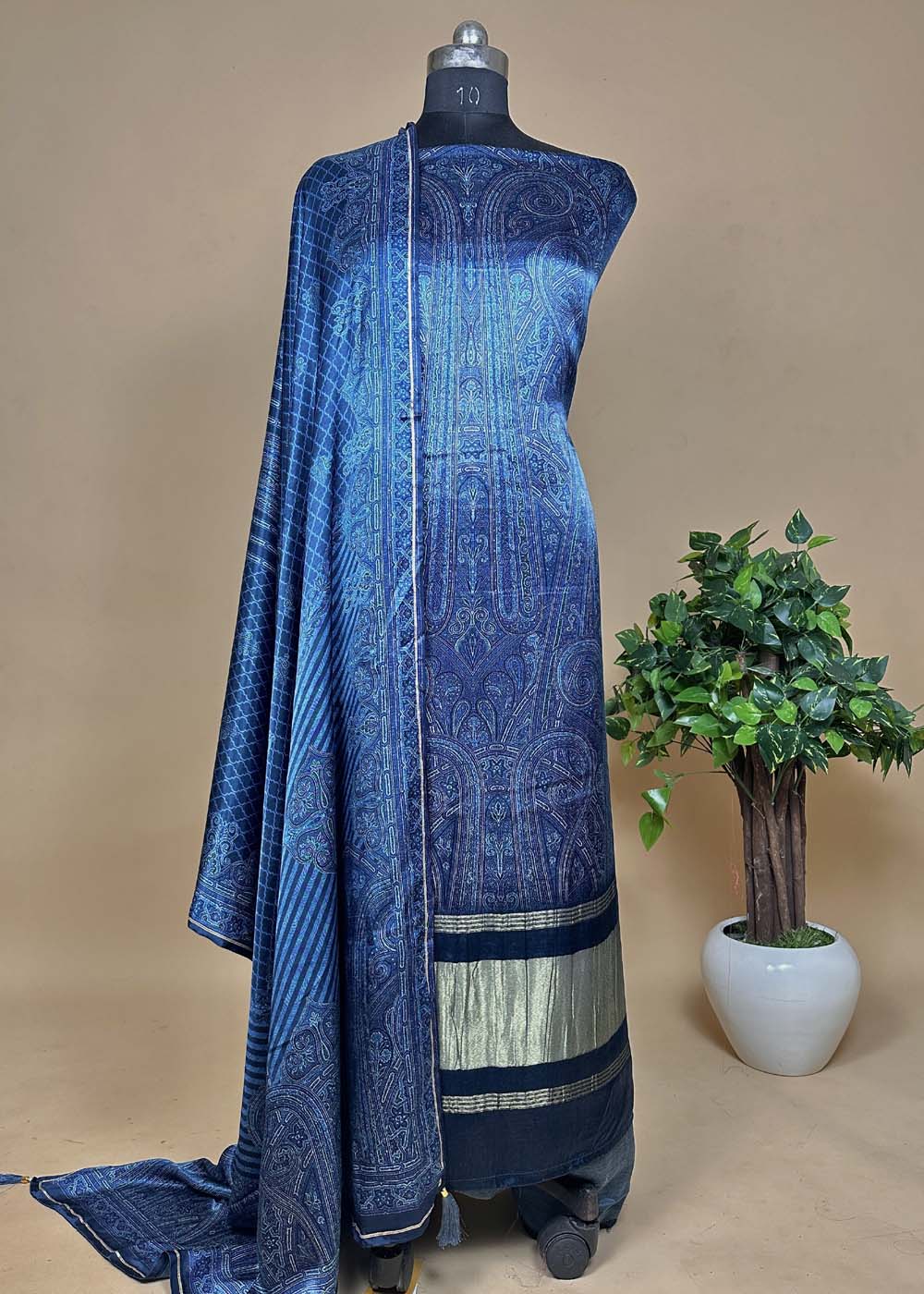 Blue Gajji Silk Suit Contrast Bandhani Dupatta