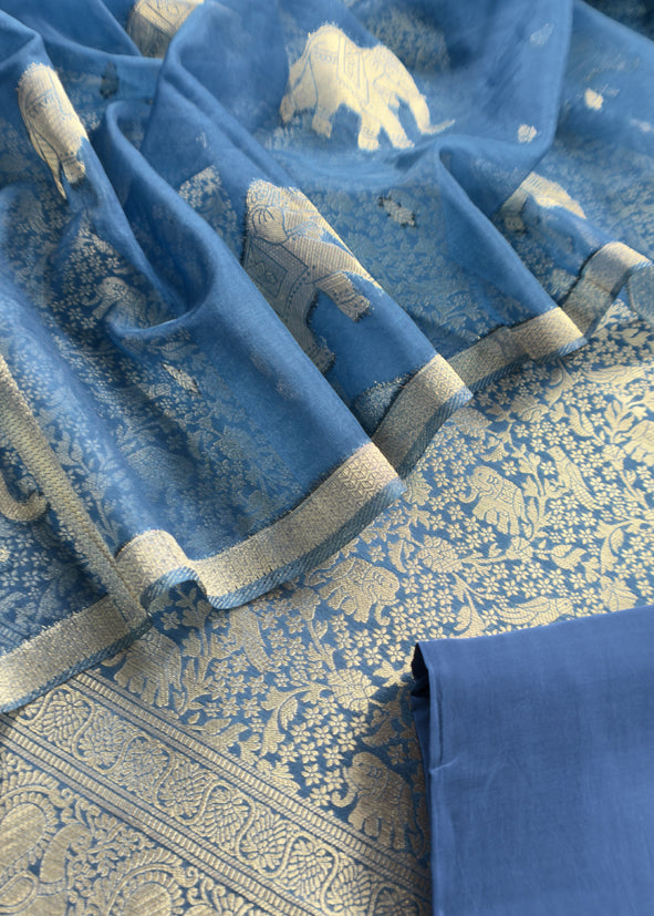 Royal Blue Brocade Kurta With Organza Dupatta