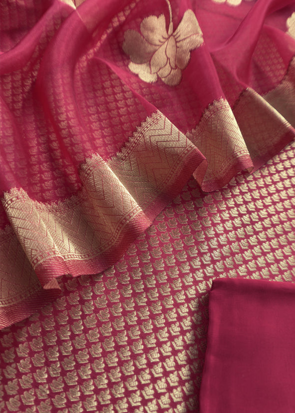 Pink Brocade Kurta With Organza Dupatta