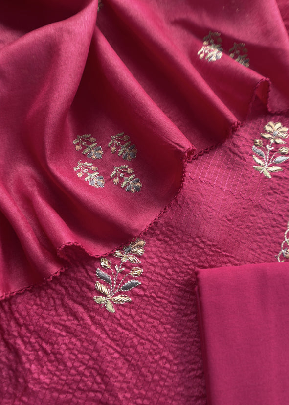Sahiba 2025 Sangria Pink Pintuck Handloom Desi Tussar Suit With Zardosi And Resham Embroidery