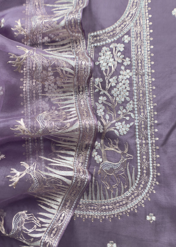 Luxe The Purple Pure Kora Silk Suit With Gold And Silver Pitta Handwork
