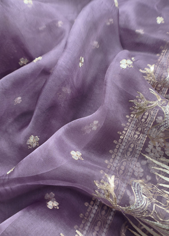 Luxe The Purple Pure Kora Silk Suit With Gold And Silver Pitta Handwork
