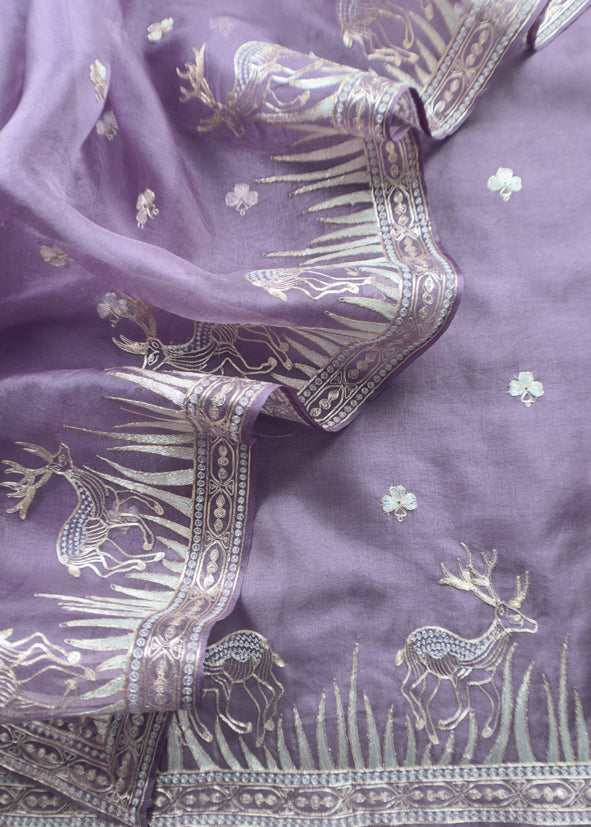 Luxe The Purple Pure Kora Silk Suit With Gold And Silver Pitta Handwork