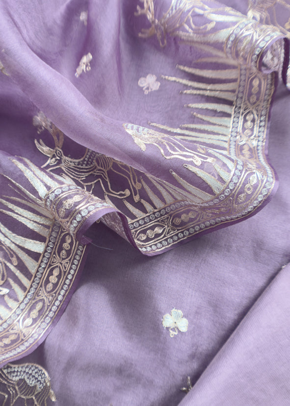 Luxe The Purple Pure Kora Silk Suit With Gold And Silver Pitta Handwork