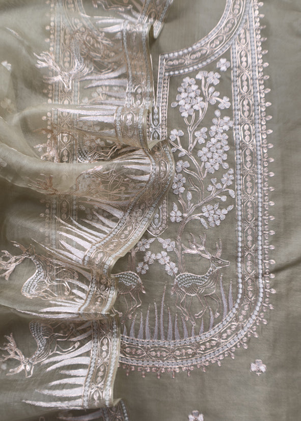 Luxe The Green Pure Kora Silk Suit With Gold And Silver Pitta Handwork