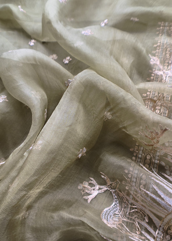 Luxe The Green Pure Kora Silk Suit With Gold And Silver Pitta Handwork