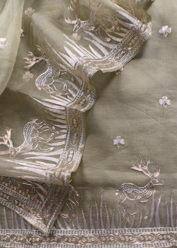 Luxe The Green Pure Kora Silk Suit With Gold And Silver Pitta Handwork